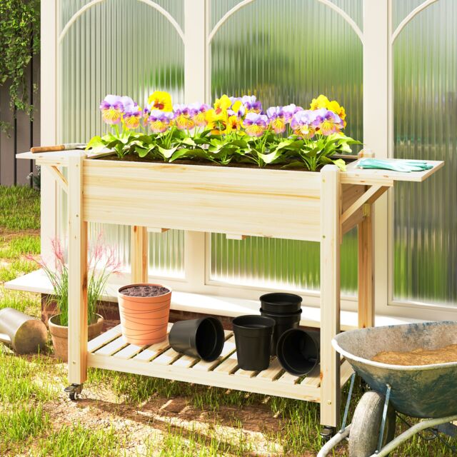 OUTSUNNY Wooden Raised Planter with Lockable Wheels, Liner, Natural - image 1