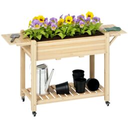 OUTSUNNY Wooden Raised Planter with Lockable Wheels, Liner, Natural - thumbnail 2