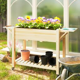OUTSUNNY Wooden Raised Planter with Lockable Wheels, Liner, Natural