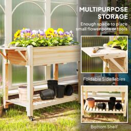 OUTSUNNY Wooden Raised Planter with Lockable Wheels, Liner, Natural - thumbnail 4