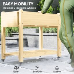 OUTSUNNY Wooden Raised Planter with Lockable Wheels, Liner, Natural - thumbnail 6