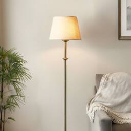 First Choice Lighting Lytchett - Antique Brass Spindle Floor Lamp with Natural Linen Shade in Bronze - thumbnail 9