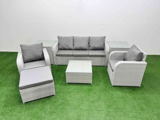 Fimous PE Rattan Garden Furniture Set Reclining Chair Sofa Lounge Sofa Set Square Coffee Table 2 Side Table Big Footstool Light Grey - image 1
