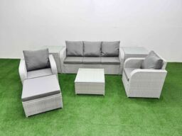 Fimous PE Rattan Garden Furniture Set Reclining Chair Sofa Lounge Sofa Set Square Coffee Table 2 Side Table Big Footstool Light Grey - thumbnail 2