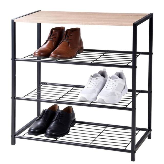 Kelvenix 3 Tier Metal Shoe Rack with Wooden Bench in Black - Size: 0.6m2 - image 1