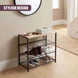 Kelvenix 3 Tier Metal Shoe Rack with Wooden Bench in Black - Size: 0.6m2 - thumbnail 4