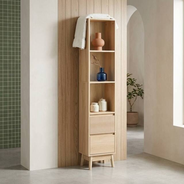 sweeek 3-shelf storage column wood decor with 2 drawers in Beige - image 1