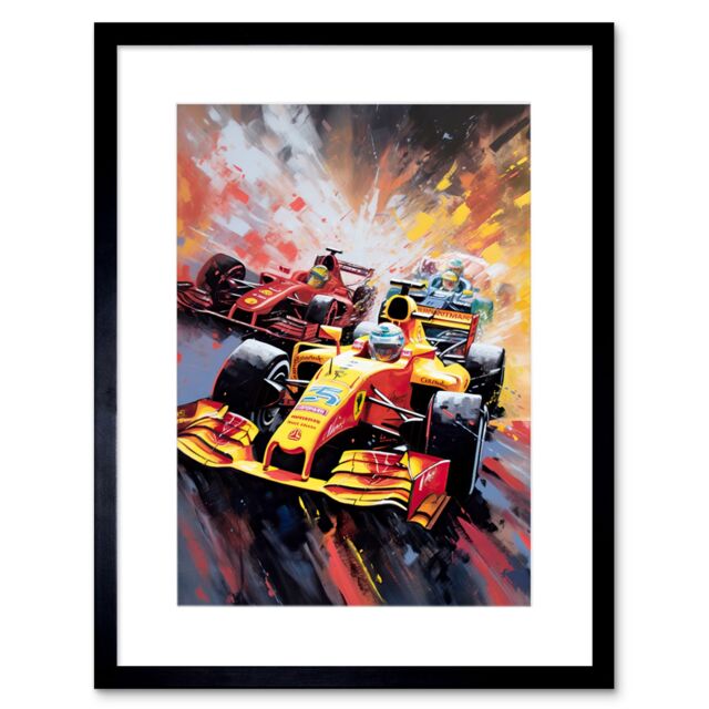 "Artery8 Wall Art Print Grand Prix Championship Cars Racing on Track Artwork Framed 9X7 Inch in Black - Size: W7"" x H9""" - image 1