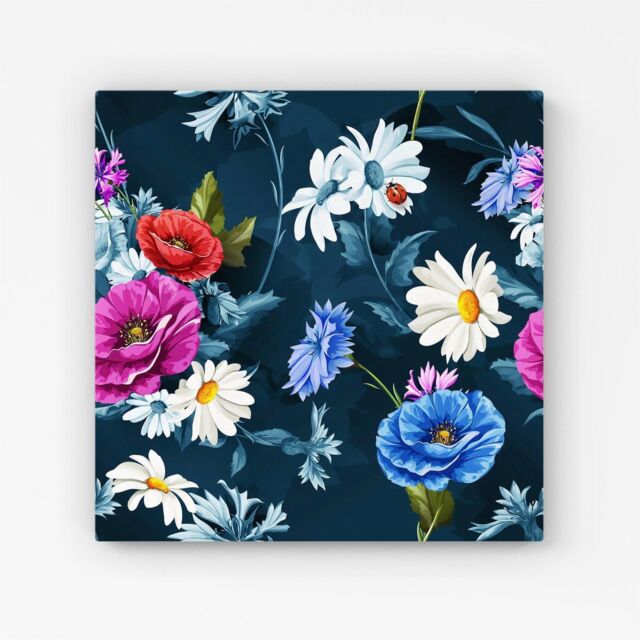 Warren Reed - Designer Poppy Flowers With Chamomile, Leaves, Cornflowers On Dark Blue Canvas - Size: w10 inch x h10 inch - image 1