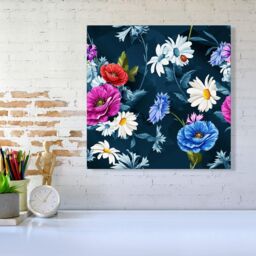Warren Reed - Designer Poppy Flowers With Chamomile, Leaves, Cornflowers On Dark Blue Canvas - Size: w10 inch x h10 inch - thumbnail 2