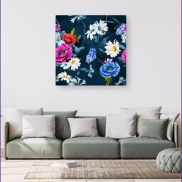 Warren Reed - Designer Poppy Flowers With Chamomile, Leaves, Cornflowers On Dark Blue Canvas - Size: w10 inch x h10 inch - thumbnail 4