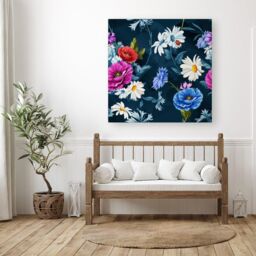 Warren Reed - Designer Poppy Flowers With Chamomile, Leaves, Cornflowers On Dark Blue Canvas - Size: w10 inch x h10 inch - thumbnail 3