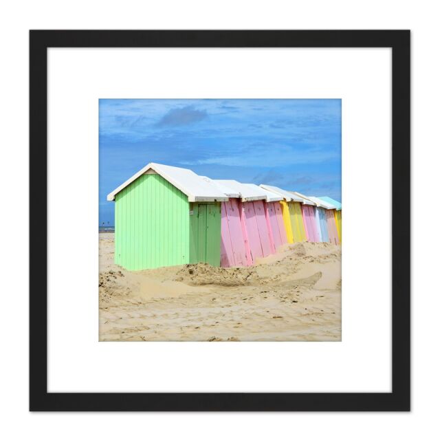 Artery8 Gzzz Colourful Beach Huts Berck Pas De Calais France Photo 8X8 Inch Square Wooden Framed Wall Art Print Picture with Mount in Black - image 1
