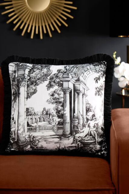 Laurence Llewelyn-Bowen 'Vista' Hand Drawn Print Velvet Filled Cushion in Grey - Size: 43 cm x 43 cm - image 1