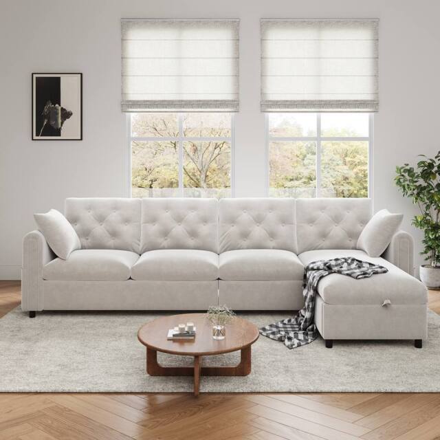 Matteo Modern Beige Velvet L-Shaped Sofa with Reversible Storage Chaise