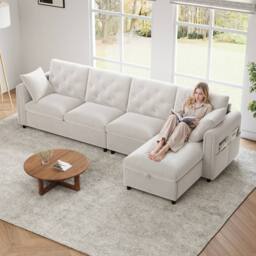 Matteo Modern Beige Velvet L-Shaped Sofa with Reversible Storage Chaise - thumbnail 4
