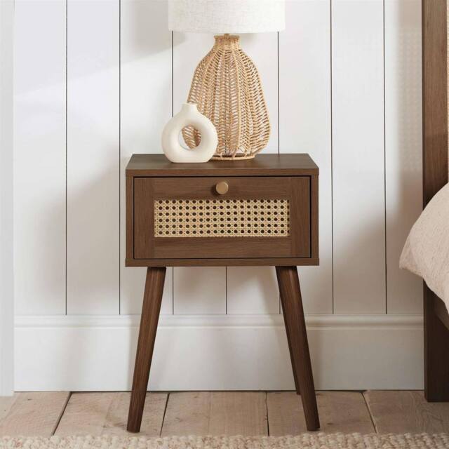 Birlea Bedside 1 Drawer Cabinet Walnut Rattan Croxley Side Table - image 1