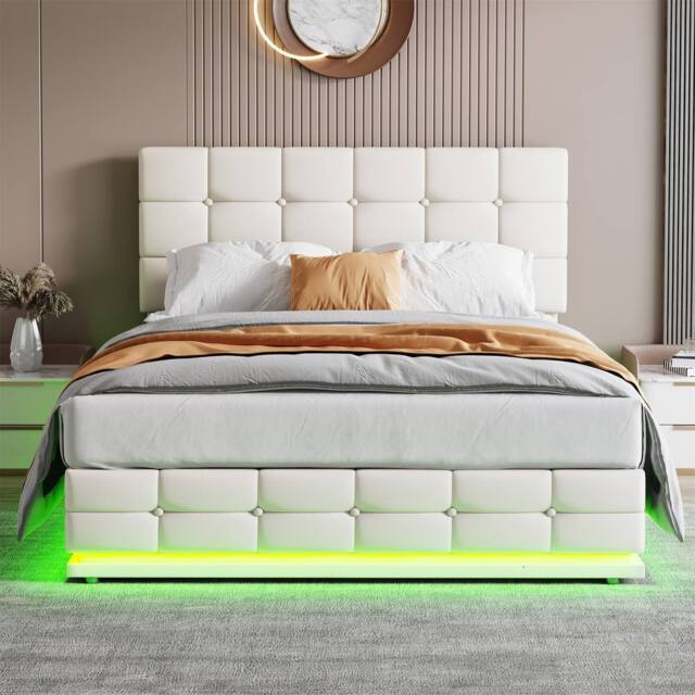 Merax PU Leather Ottoman 4ft6 Double Bed with RGB LED & Tufted Headboard in White - image 1