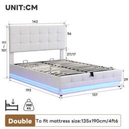 Merax PU Leather Ottoman 4ft6 Double Bed with RGB LED & Tufted Headboard in White - thumbnail 9