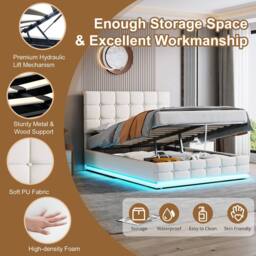 Merax PU Leather Ottoman 4ft6 Double Bed with RGB LED & Tufted Headboard in White - thumbnail 6