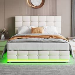 Merax PU Leather Ottoman 4ft6 Double Bed with RGB LED & Tufted Headboard in White - thumbnail 3
