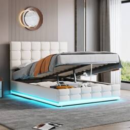 Merax PU Leather Ottoman 4ft6 Double Bed with RGB LED & Tufted Headboard in White - thumbnail 4