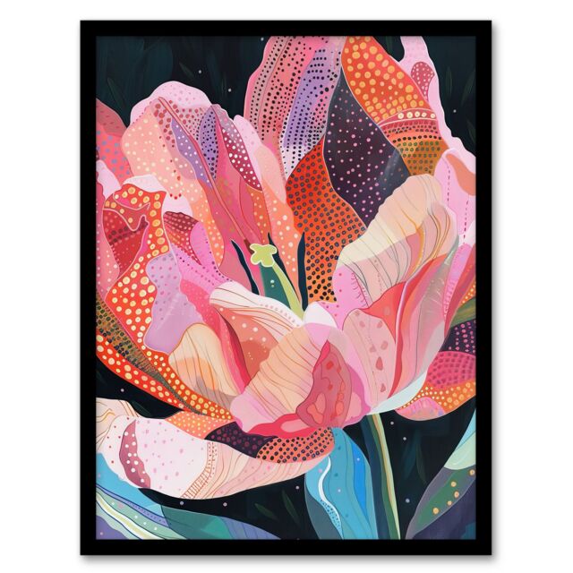 "Artery8 Pink Trumpet Lily Flower Colourful Folk Patterns Framed Wall Art - Size: W12"" x H16""" - image 1
