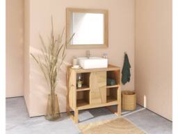 Vente-unique Freestanding Teak Bathroom Vanity Unit With Square Ceramic Countertop in Light Oak
