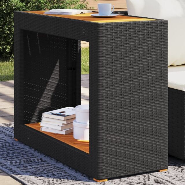 Berkfield Home Garden Side Table with Wooden Top Black 100x40x75 cm Poly Rattan - Size: 100 x 40 x 75 cm - image 1