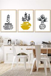 ARTZE Scandi Yellow Grey Cactus Pots Framed Wall Art - Large in Light Oak - Size: W53 cm x H73 cm x D20mm - thumbnail 1