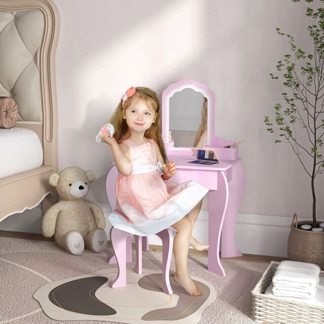 ZONEKIZ Dressing Table with Mirror & Stool, Drawer, Storage Boxes, Cloud Design in Pink - image 1