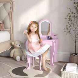 ZONEKIZ Dressing Table with Mirror & Stool, Drawer, Storage Boxes, Cloud Design in Pink - thumbnail 1
