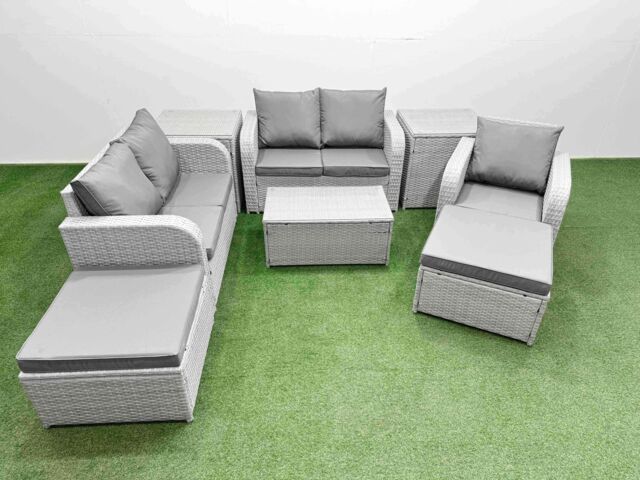 Fimous High Back Poly Rattan Garden Furniture Set w/ Reclining Chair Loveseat Sofa Rectangular Coffee Table Indoor Outdoor Patio Set 2 Big Stool 2 - image 1