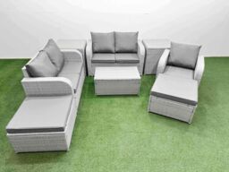 Fimous High Back Poly Rattan Garden Furniture Set w/ Reclining Chair Loveseat Sofa Rectangular Coffee Table Indoor Outdoor Patio Set 2 Big Stool 2 - thumbnail 1