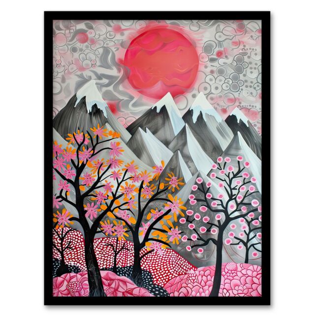 "Artery8 Mountain Snow Peaks Pink Blossom Tree Japanese Framed Art Print - Size: W12"" x H16""" - image 1