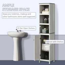 Kleankin Tall Bathroom Storage Cabinet Linen Tower with Adjustable Shelf in White - thumbnail 4