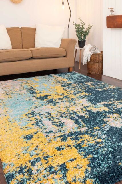 Kukoon Blue Ochre Coastal Abstract Deep Pile Soft Shaggy Living Room Area Rug - Size: 60 cm x 240 cm - image 1