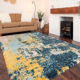 Kukoon Blue Ochre Coastal Abstract Deep Pile Soft Shaggy Living Room Area Rug - Size: 60 cm x 240 cm - thumbnail 3