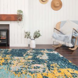 Kukoon Blue Ochre Coastal Abstract Deep Pile Soft Shaggy Living Room Area Rug - Size: 60 cm x 240 cm - thumbnail 4