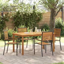 Berkfield Home 5 Piece Garden Dining Set Black Poly Rattan Acacia - thumbnail 2