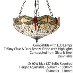 Loops Tiffany Glass Hanging Ceiling Pendant Light Bronze & Dragonfly Lamp Shade i00105 in Clear - thumbnail 2