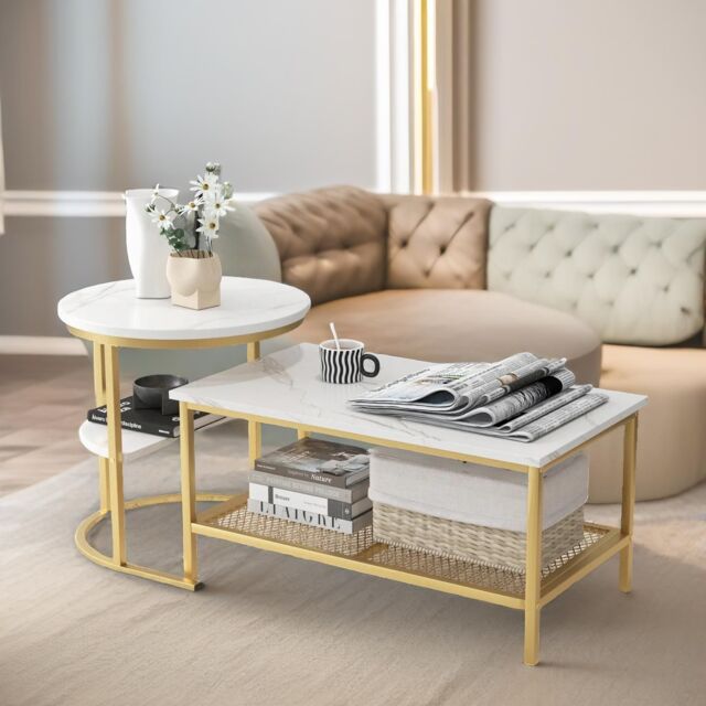 Pirlo Plush Faux Marble 2PC Nesting Tables Set Living Room Furniture in Gold - image 1