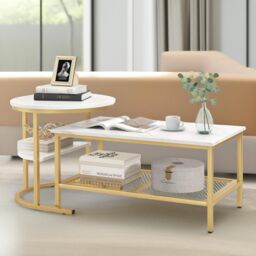 Pirlo Plush Faux Marble 2PC Nesting Tables Set Living Room Furniture in Gold - thumbnail 3