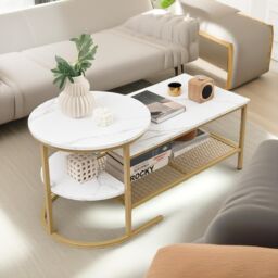 Pirlo Plush Faux Marble 2PC Nesting Tables Set Living Room Furniture in Gold - thumbnail 2