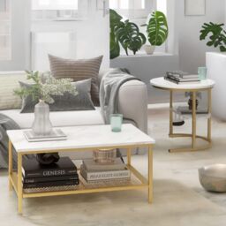 Pirlo Plush Faux Marble 2PC Nesting Tables Set Living Room Furniture in Gold - thumbnail 4