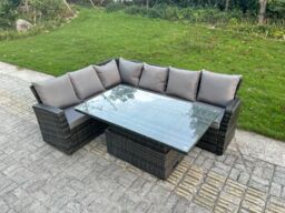 Fimous Outdoor Corner Sofa Garden Furniture High Back Sofa Height Adjustable Table 6 Seater in Dark Grey - thumbnail 1