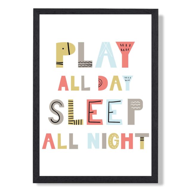 ARTZE Cute Play All Day Scandi Quote Framed Print SIZE: A3 with Black Frame in Pale Blue - Size: A4 - image 1