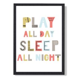 ARTZE Cute Play All Day Scandi Quote Framed Print SIZE: A3 with Black Frame in Pale Blue - Size: A4 - thumbnail 1