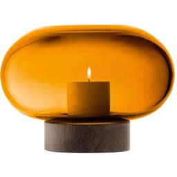 LSA Oblate Glass Vase Lantern 19.5cm with Walnut Base Amber - thumbnail 2
