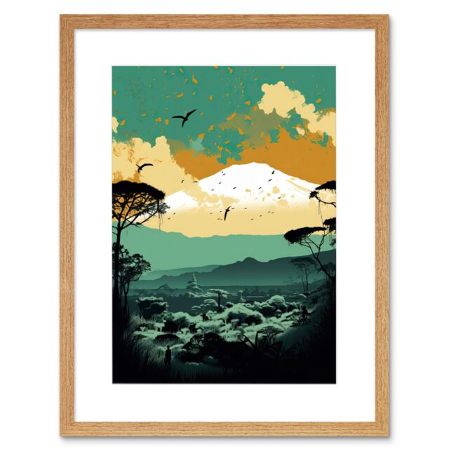 "Artery8 Wall Art Print Mount Fuji Sunrise Landscape in Teal Blue & Tan Artwork Framed 9X7 Inch in Beige - Size: W7"" x H9""" - image 1
